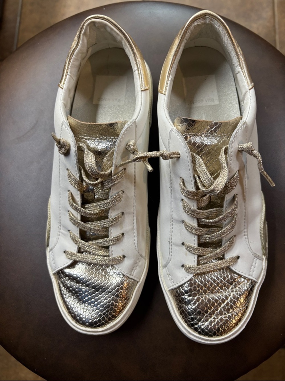 Dolce Vita White and Gold Metallic-Accent Sneakers